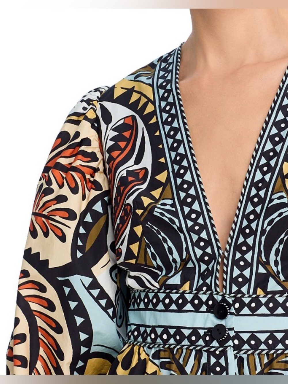 FARM Rio Warm Blue /Tan Multi Long Volume Sleeve Maxi Dress: Small - Picture 11 of 16